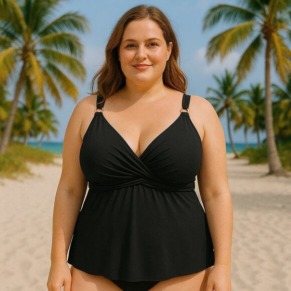 Miraclesuit Top NWT Women's Size 38DD Black Solid Plunge Tankini SwimTop - Picture 1 of 8